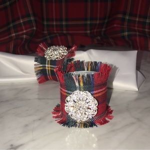 Red Plaid Napkin Ring Holders silver rhinestone broach